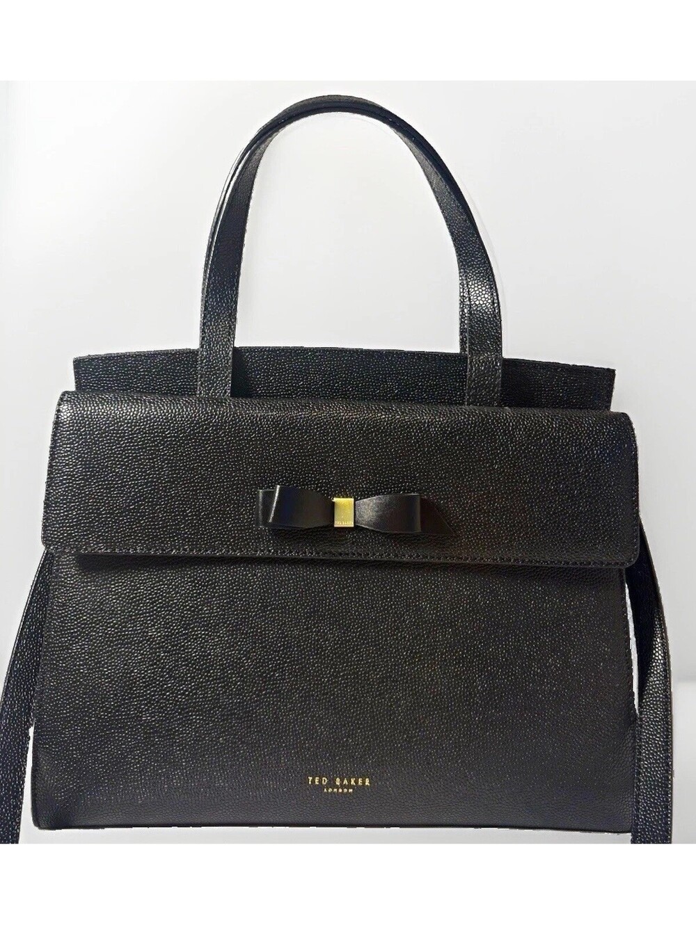Ted Baker Black Pebbled Bow Top Handle Satchel Bag Detachable Strap Gold HW